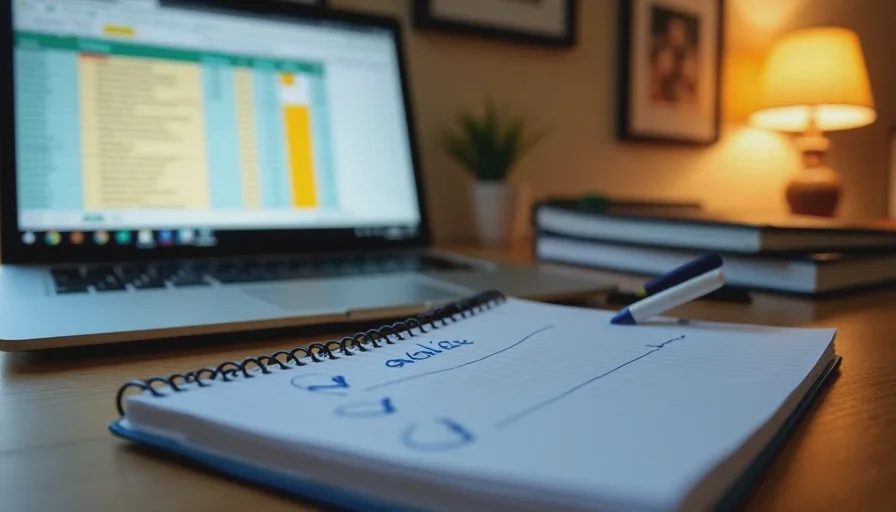 A notepad and laptop showing a price comparison checklist for evaluating gadget value