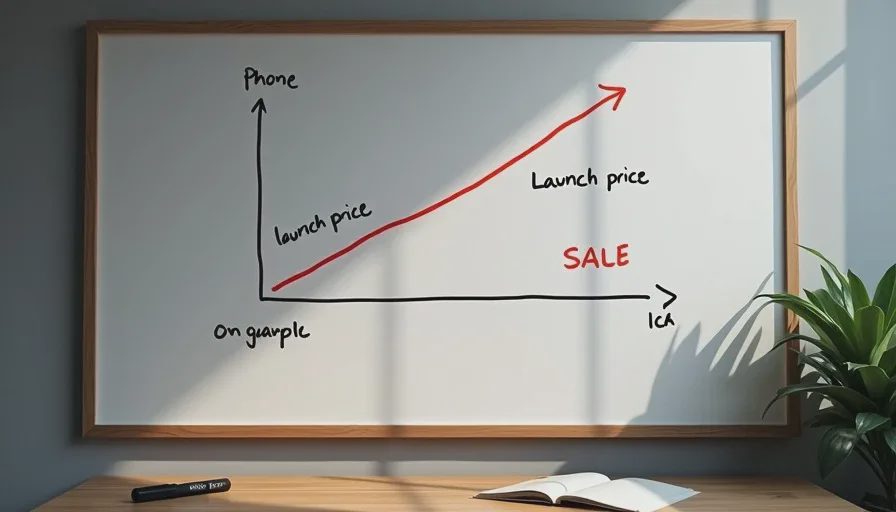 Hand-drawn whiteboard chart showing phone launch price vs sale price over ten weeks