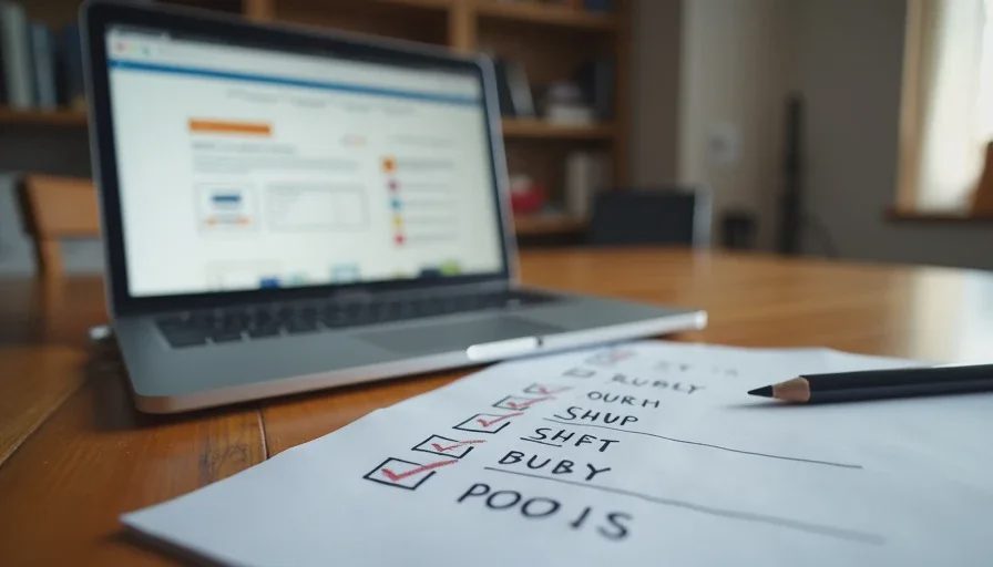 A laptop showing an order confirmation page next to a handwritten refurbished phone buying checklist