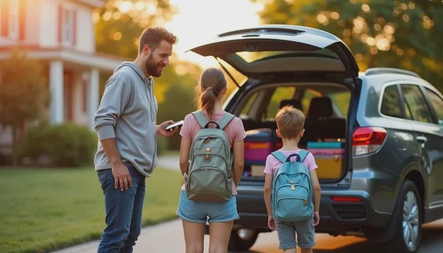 Family of four loading luggage into an SUV for a road trip on a sunny morning