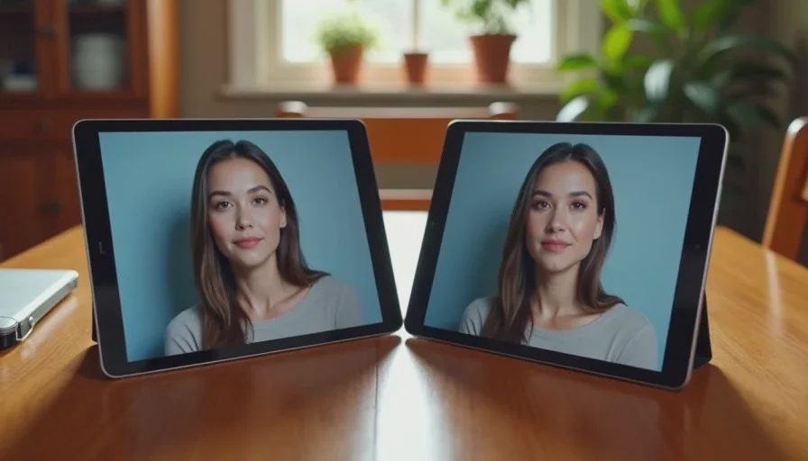 Two budget tablets side by side on a wooden dining table showing visible color calibration differences