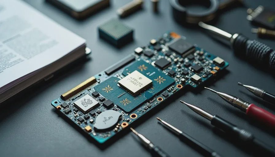 Opened motherboard showing soldered RAM and glued battery