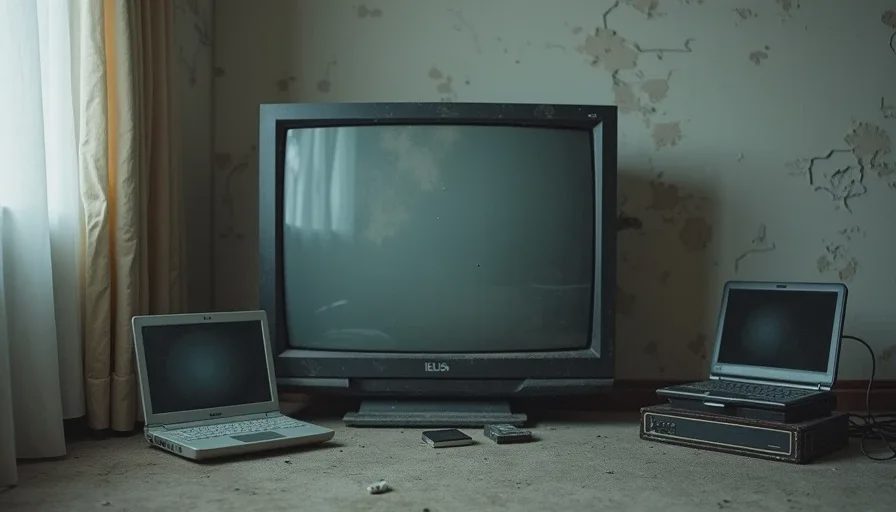 An old dusty TV and stacked laptops in a dim estate sale corner
