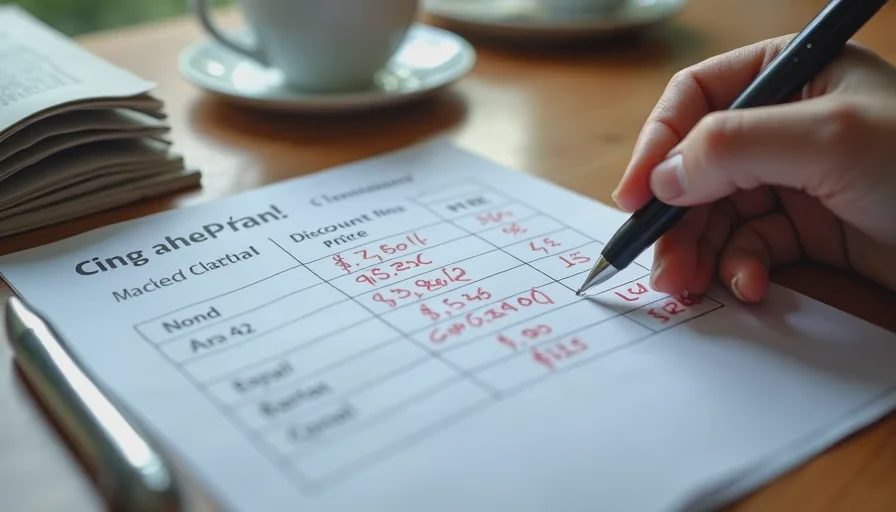 A hand-marked price comparison table on a kitchen table, pen pointing to discount column.