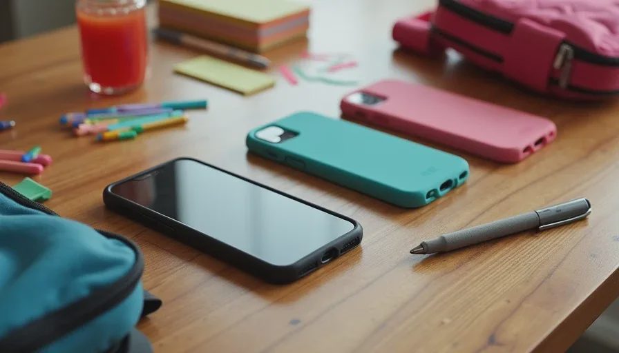 Three smartphones with colorful protective cases arranged on a family dining table with kids' school supplies