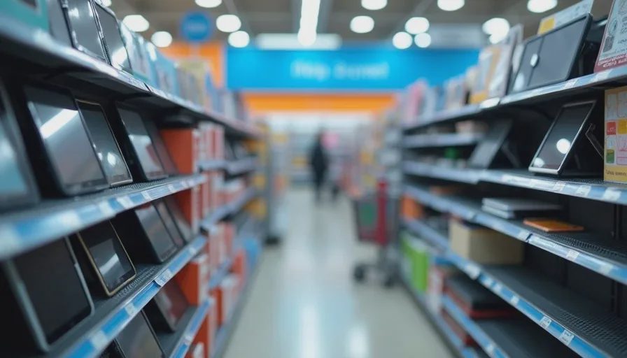 A shopper's view of a big-box electronics store tablet aisle with tablets at multiple price points