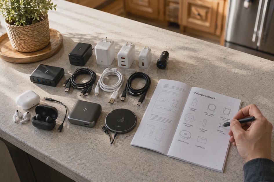 A parent checks an accessory checklist on a kitchen counter with chargers and cables laid out