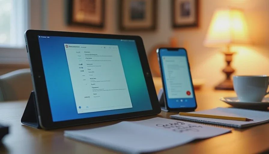 A mid-tier tablet and smartphone side by side on a desk with handwritten spec comparison notes