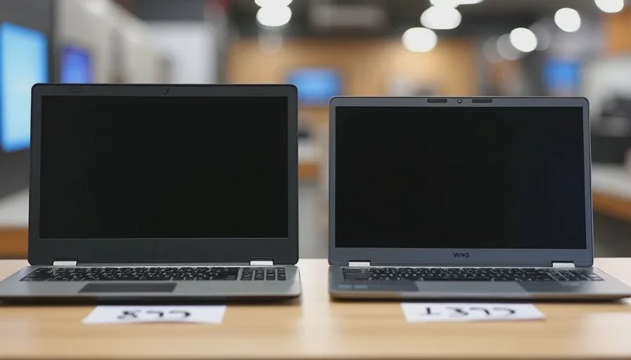 Two nearly identical laptops side by side with price tags of 899 and 1,399