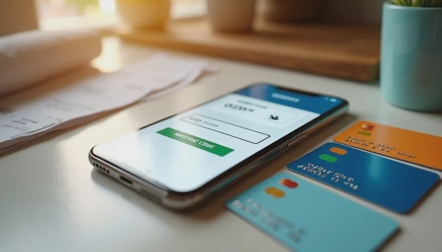 Phone checkout screen showing stacked coupon and cashback fields on a kitchen counter