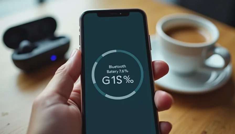 Smartphone showing Bluetooth battery percentage for connected wireless earbuds next to the charging case on a table