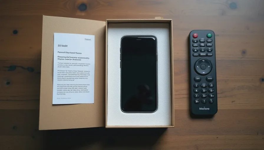 Open-box refurbished phone on cushion, warranty card beside it on coffee table.