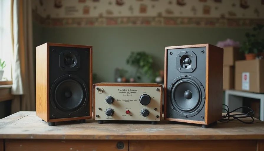 Vintage bookshelf speakers and a receiver on a thrift table with a price tag