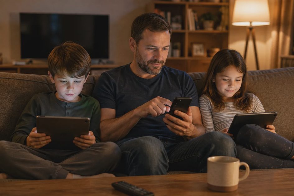 Father and two kids using tablets and phones together on a living room couch at dusk
