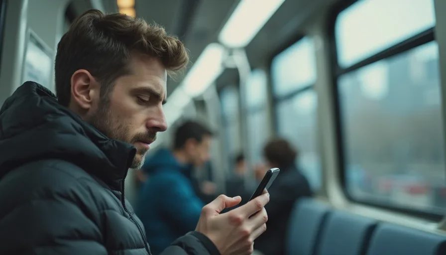 A commuter using a smartphone one-handed on a city train, natural window light mixed with interior lighting