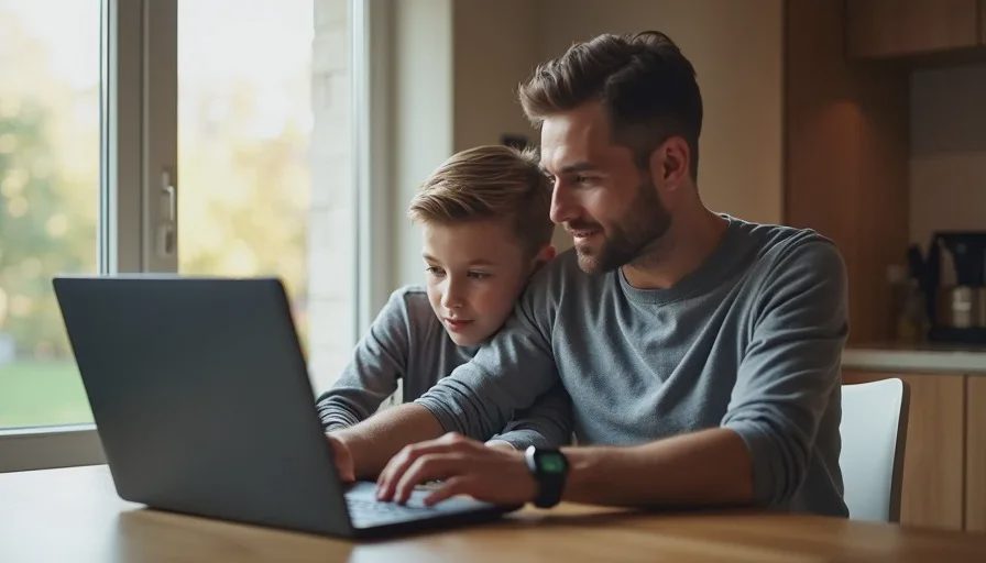 Father and son checking gadget price history on a laptop at home