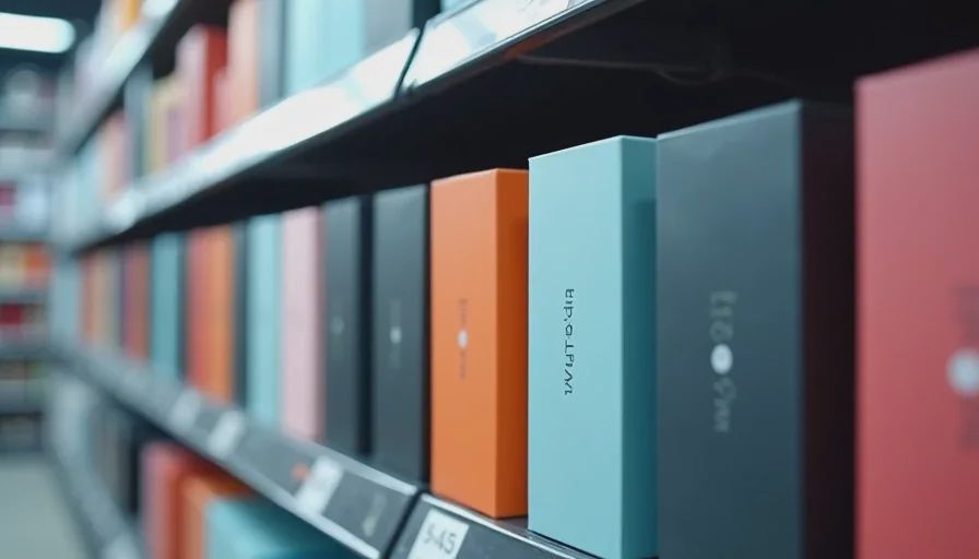 Row of nearly identical smartwatch boxes lined up on a retail shelf