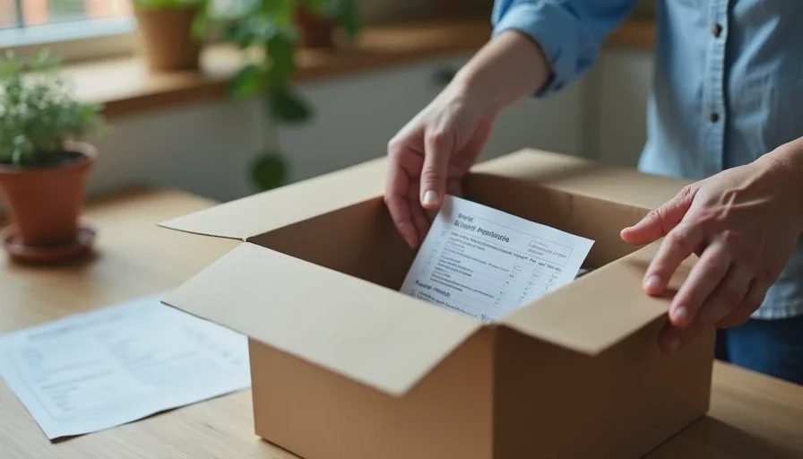Hands inspecting an open-box electronics package and checking accessories against a checklist