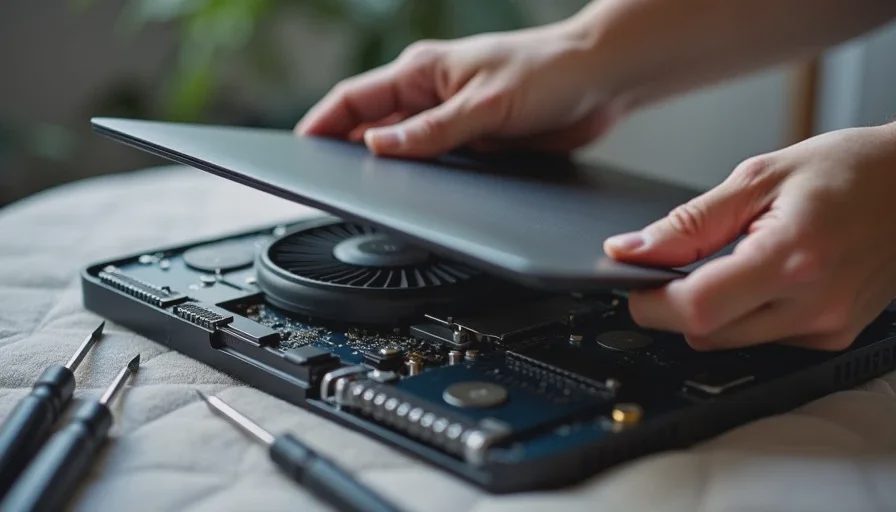 Hands opening a laptop's bottom panel to inspect the cooling fan and heat pipes