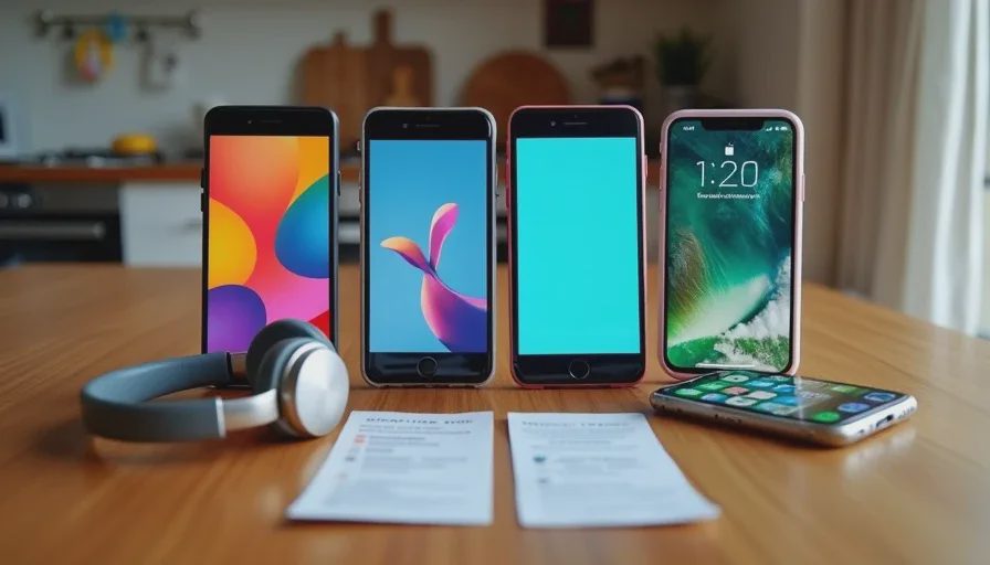 Four family smartphones laid out showing streaming, messaging, maps, and camera apps
