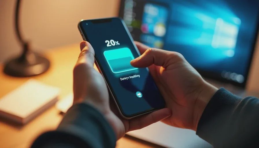 A man's hands checking the battery health screen on a refurbished flagship phone