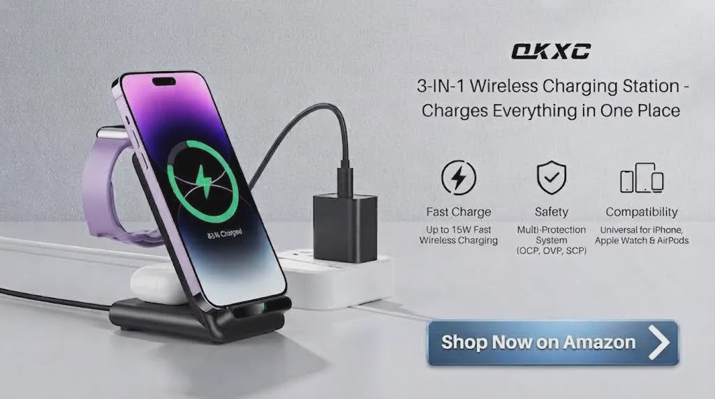 3 in 1 wireless charging station with Check Price & Reviews button