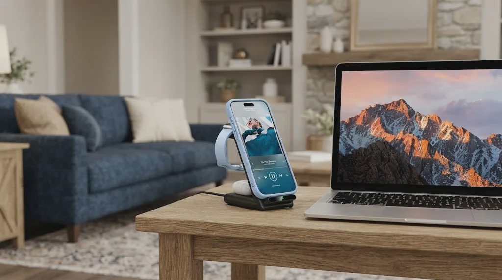 3 in 1 wireless charging station clearing nightstand clutter with iPhone and Apple Watch
