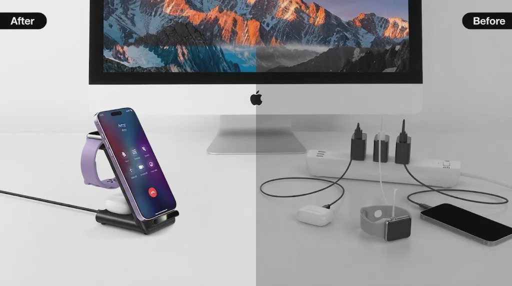 3 in 1 wireless charging station before and after: one stand replaces tangled cables.
